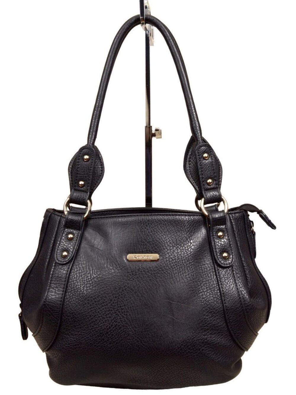 Koltov Black Vegan Leather Shoulder Bag w/Side Pockets